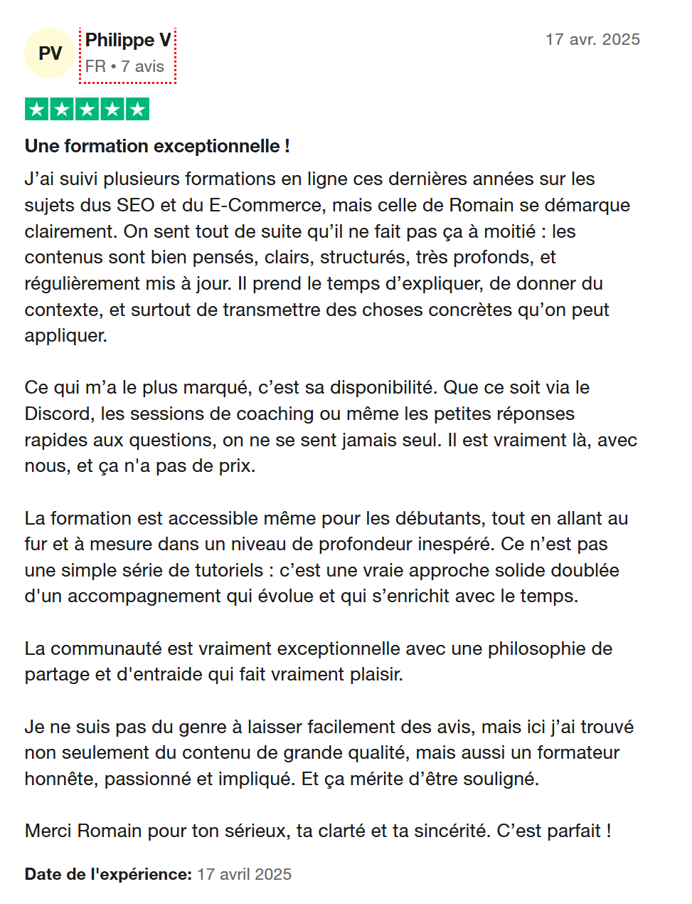 Avis client 2 sur la formation Ecom Automation